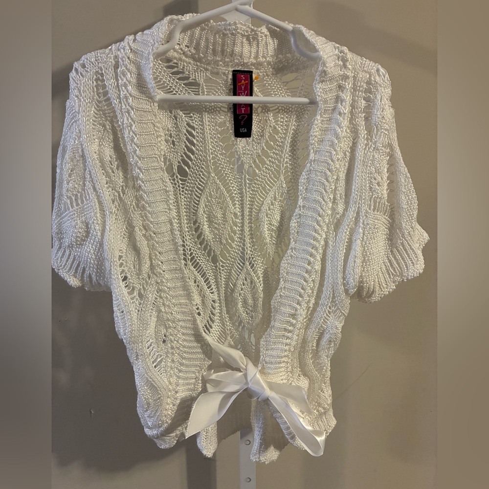 Say What? White Open Knit Ribbon-Tie Cardigan